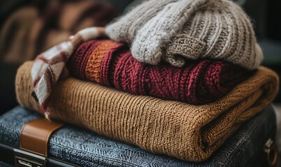 A stack of cozy knitted sweaters and a hat on a suitcase, ready for travel.