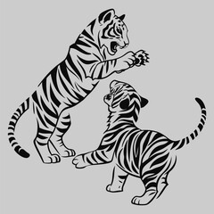 two tiger kids playing silhouette vector design art and illustration