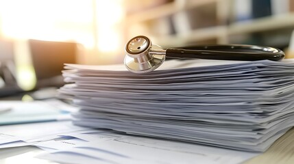 A stethoscope rests on a stack of medical documents in a professional setting.