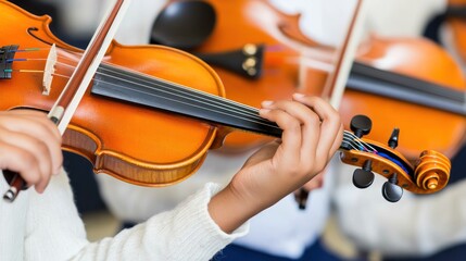 Close-up of hands playing violins in an ensemble setting, showcasing musical engagement.