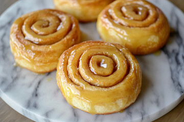 Fototapeta premium Butter-glazed round yeast rolls on a round marble podium. (Generative AI)
