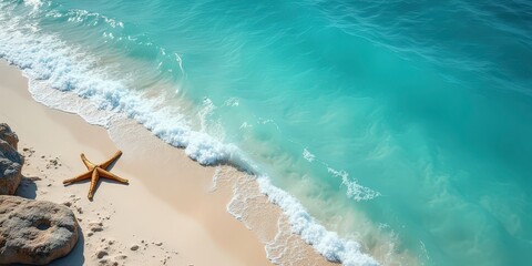 Fototapeta premium Coastal Serenity: A lone starfish rests on the pristine white sand, kissed by the gentle waves of a turquoise ocean. The scene evokes a sense of tranquility and escape. 