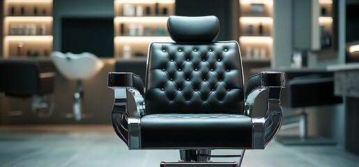 A stylish black barber chair set in a modern salon environment.