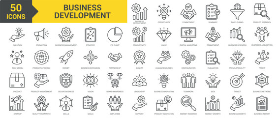 Business Development icon collection set. Containing promotion, business management, strategy, pie chart, productivity, value, online marketing, commitment, partnership icon. Simple line vector