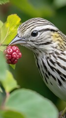 A close-up of a striped bird interacting with a red berry on a green leaf.
