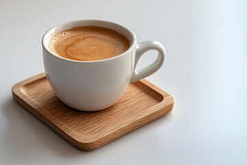Cup of coffee on wooden coaster on light background.