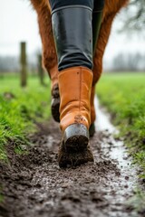 A person walking in muddy terrain wearing orange boots, with a horse in the background.