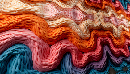 Fototapeta premium Colorful wavy knitted fabric texture forming a vibrant and cozy abstract background