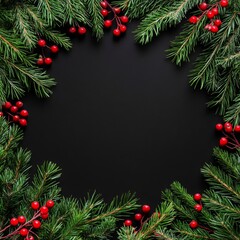 Christmas decor with red ornaments framing fir tree branches - Festive holiday background for design inspiration