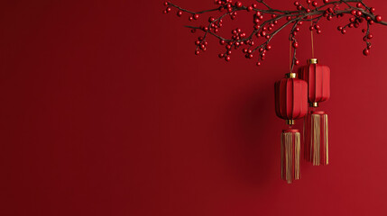 Red Lanterns Hang From Branch With Red Berries Against Red Background