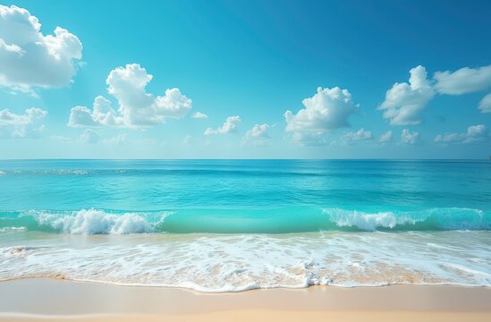 Serene Coastal Escape: A mesmerizing view of a pristine beach with turquoise water, gentle waves, and a cloud-streaked blue sky, inviting tranquility and relaxation. 