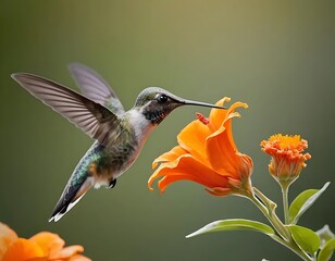 Fototapeta premium Hummingbird feeding from an orange flower in nature