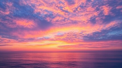 A dramatic sunset sky with vivid colors of orange, pink, and purple blending together on the horizon.