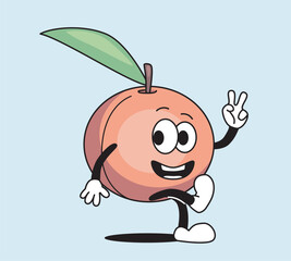 Cheerful cartoon apricot character with a green leaf, smiling and waving while showing a peace sign, isolated on a light blue background. Flat vector illustration