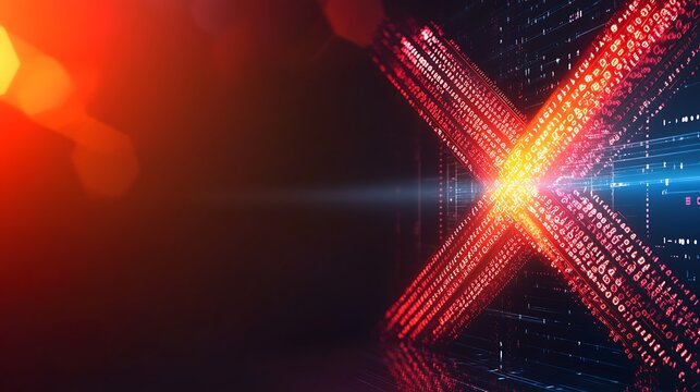 Abstract digital X symbol with glowing lines and code.