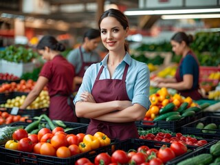 Successful businesswoman with a background in fruit and vegetable shops. Ai Generative.