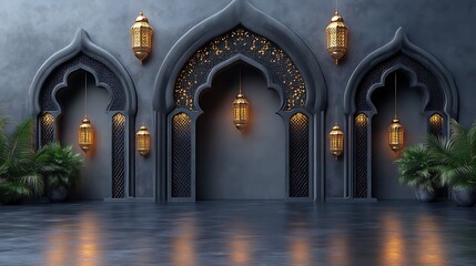 Obraz premium Elegant Islamic Architecture with Golden Lanterns and Plants