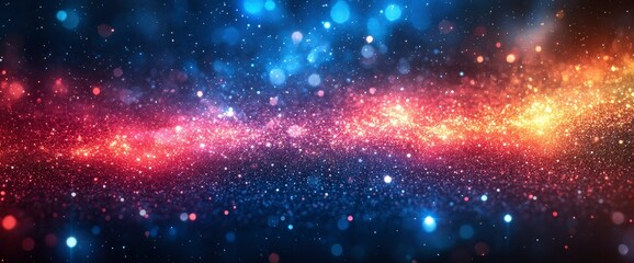 Fototapeta premium Cosmic Sparkle Abstract Nebula Background with Red, Blue, and Orange Glimmering Dust