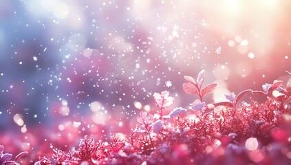 Enchanted Winter Wonderland: A Serene Snowfall on Pink Flora