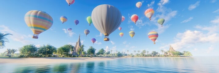Fototapeta premium A vibrant scene of hot air balloons floating over a serene beach and calm waters.