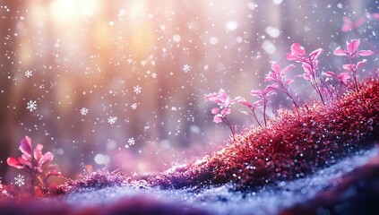 Enchanted Winter Wonderland: A Magical Scene of Pink Plants in a Snowy Forest