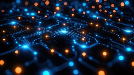 Naklejka premium Abstract glowing circuit board with blue and orange nodes.