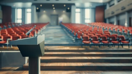 school assembly hall with rows of seats, a podium, and students gathered for a special event.