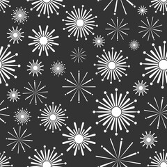 Seamless abstract repeated fireworks pattern on a dark gray background. Ideal for elegant party decor, festive wrapping papers, or digital backgrounds.
