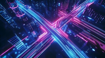 Fototapeta premium Aerial view of futuristic city intersection at night with vibrant neon lights.