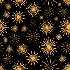 Seamless pattern of gold fireworks with abstract shapes against a bold black background. The dynamic design is ideal for luxury event decor, celebration branding, or festive digital assets.