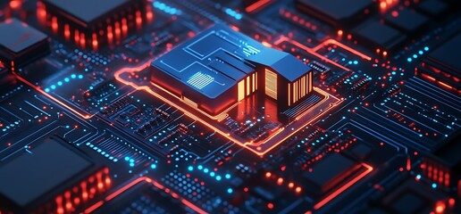 Obraz premium A vibrant close-up of a computer chip on a circuit board.