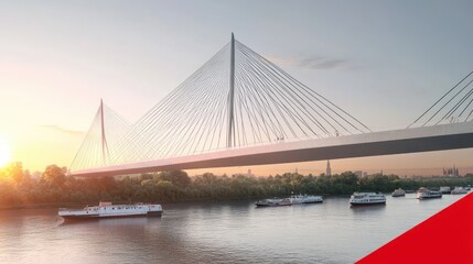 A modern cable-stayed bridge over a river at sunset, with boats nearby.