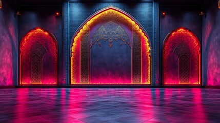 Illuminated Arches Glowing In Dark Room