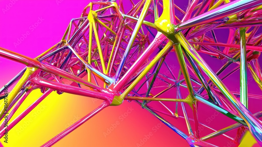 Poster abstract colorful 3d rendering of interconnected geometric shapes and vibrant lines.