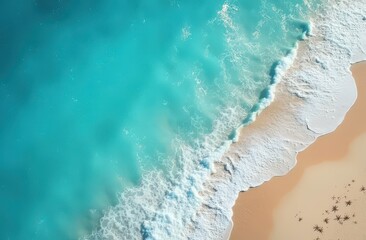 Azure Shores: Aerial view of turquoise ocean waves gently lapping on a pristine sandy beach.  A tranquil escape captured from above. 