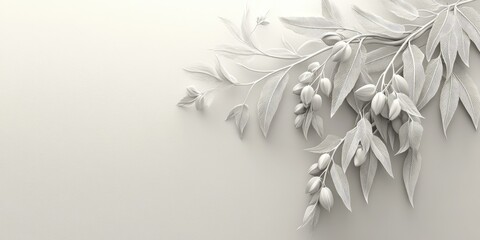 A minimalistic design featuring delicate leaves and buds in soft monochrome tones.