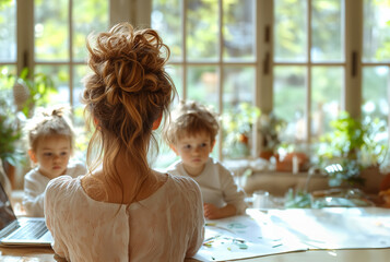 Mother Working at Home While Caring for Her Twin Children in a Cozy Kitchen. Parenthood and work-from-home lifestyle.