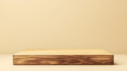 A wooden podium with a natural grain texture, featuring a spacious, empty display area, against a warm beige background.