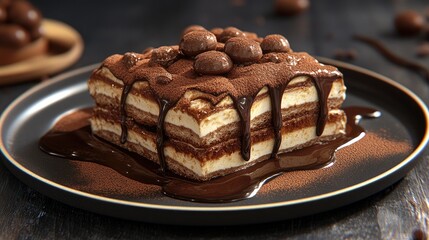 A decadent chocolate dessert layered with cream and topped with cocoa and chocolate balls.