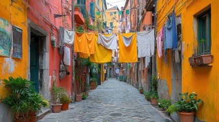 Fototapeta premium A colorful alleyway adorned with hanging laundry and vibrant buildings.