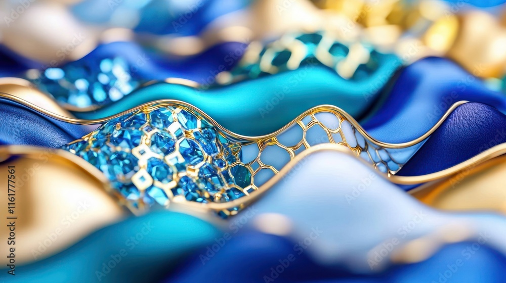 Fototapete abstract 3d rendering of flowing blue and gold waves with jeweled texture.