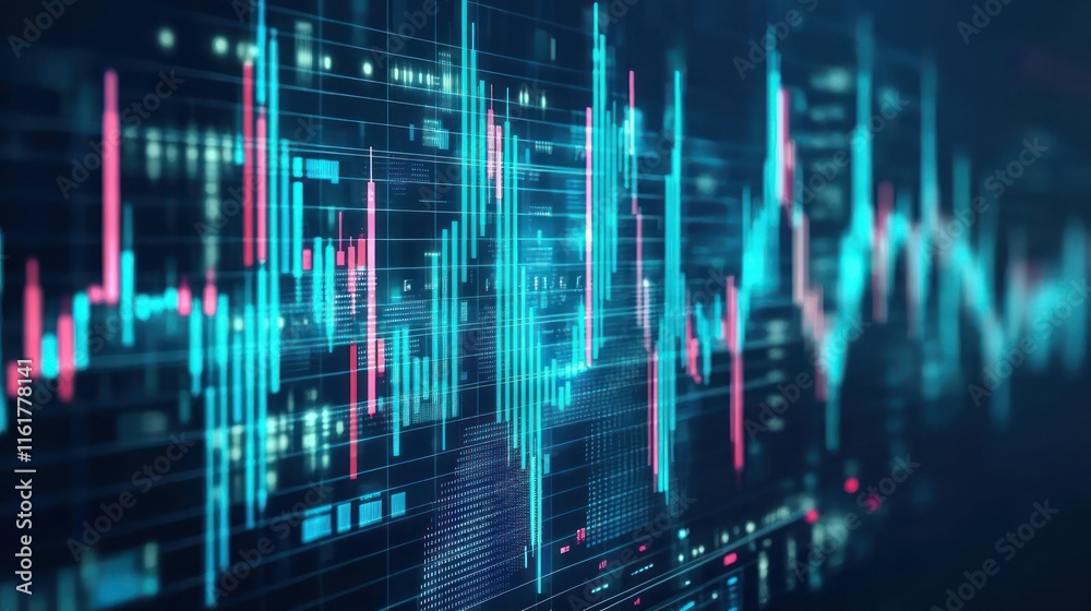 Poster abstract digital data visualization with dynamic financial charts and graphs displayed on a screen.