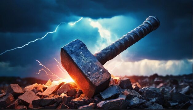 "Powerful hammer in dramatic stormy sky with lightning bolts in rubble and rocks - concept of destruction and strength"