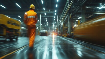 Industrial Workers in High Visibility Gear with Motion Blur Effects in Urban and Factory Settings