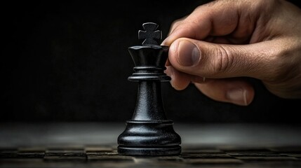 Close-up of a hand moving a black king chess piece.