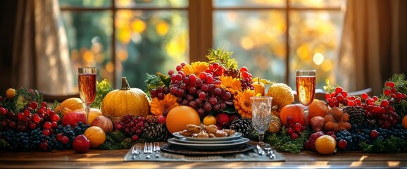 Fototapeta premium Festive Autumn Thanksgiving Table Setting with Pumpkins, Grapes, and Seasonal Fruits