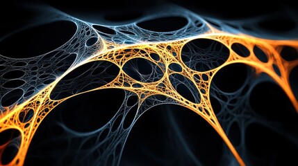 Abstract fractal art with glowing orange and blue lines forming a complex network structure.