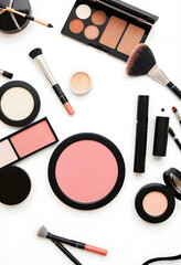 set of professional decorative cosmetics, makeup tools and accessory isolated on white background. beauty, fashion and shopping concept. flat lay composition, top view, pop-art