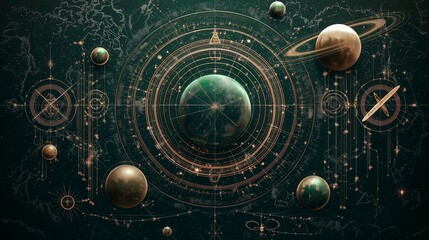 Cosmic illustration featuring planets and intricate celestial patterns in a dark space backdrop.