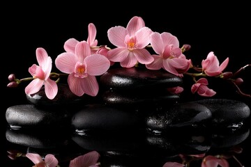 A serene arrangement of pink orchids on smooth black stones, evoking tranquility and beauty.